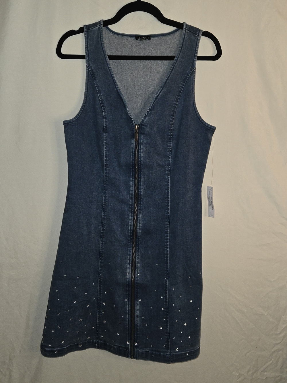 Venus Sleeveless Blue Denim Zip-Front Mini Dress with Hem Embellishment